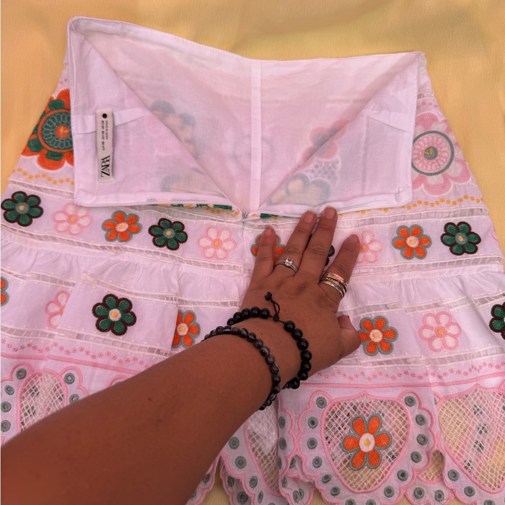 Zara White Skirt with Colorful Floral Embroidery